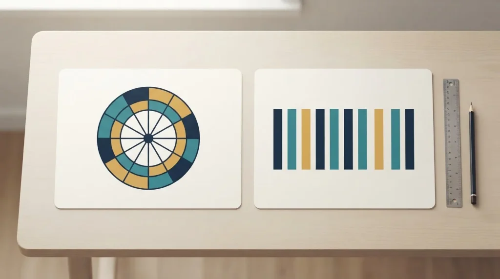 Zwei nebeneinanderliegende Papierkarten mit geometrischen Balken und Kreisflächen