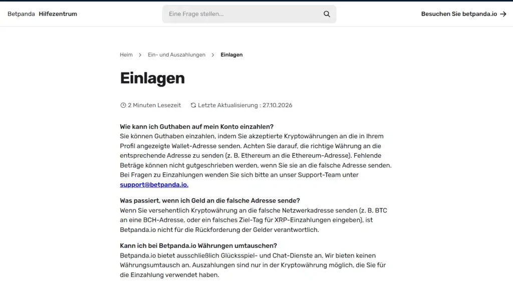 Hilfebereich zu Kryptowährungseinzahlungen bei Betpanda