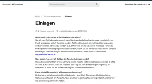 Hilfebereich zu Kryptowährungseinzahlungen bei Betpanda