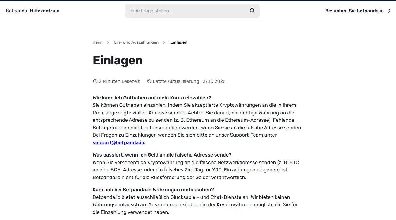 Hilfebereich zu Kryptowährungseinzahlungen bei Betpanda