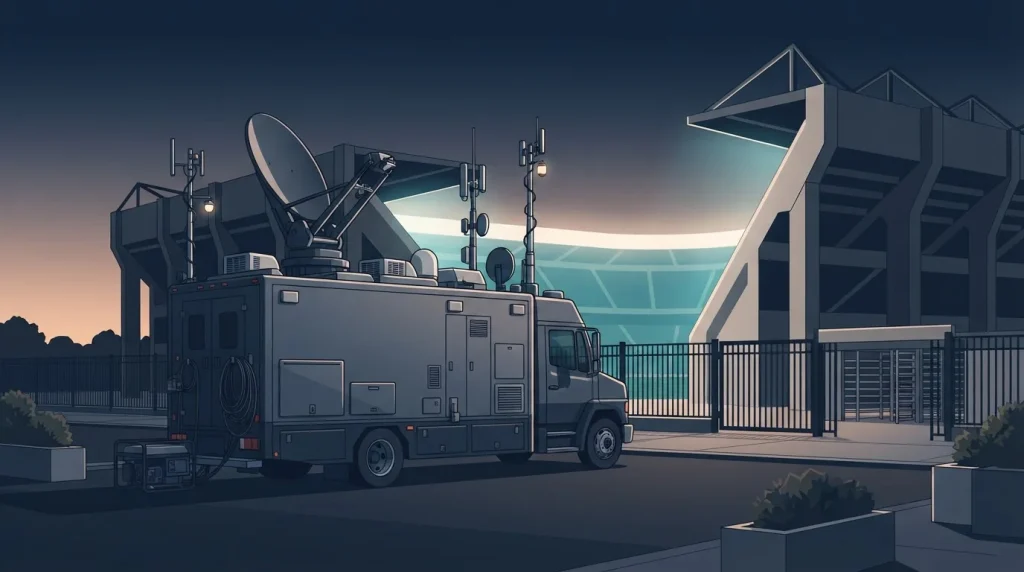 Übertragungswagen mit Satellitenschüssel neben einem beleuchteten Fußballstadion