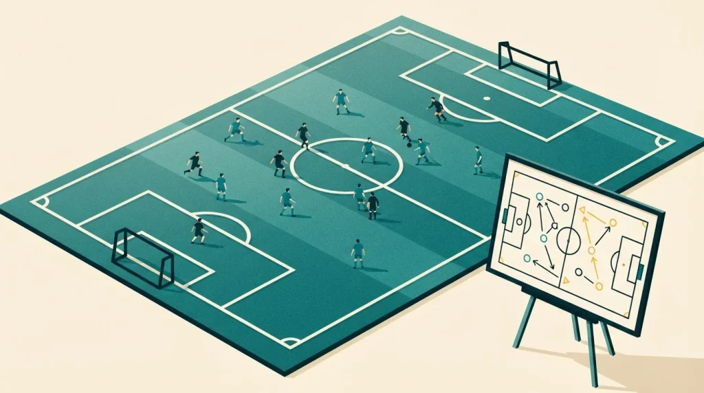 Schematische Fußballspielfeldlinien mit markierten Torzonen und einer Taktiktafel